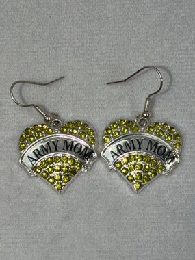 Army Mom Heart Dangle Earrings with Lime Green Crystals